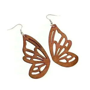 Wood CUT OUT Half Butterfly Wing Design Drop VTG Large LIGHTWEIGHT Dangle Earrin